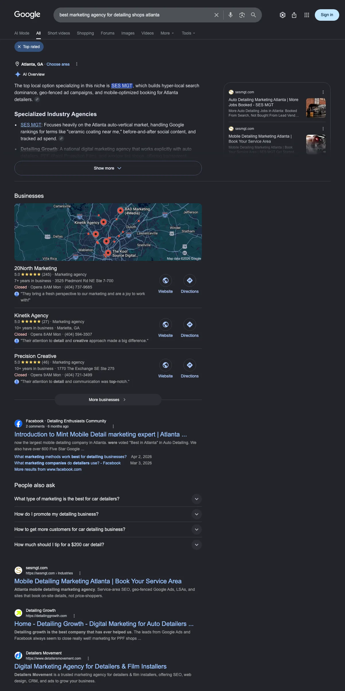 Full Google results page for 'best marketing agency for detailing shops atlanta'. sesmgt.com is the first organic result below the AI Overview and map pack